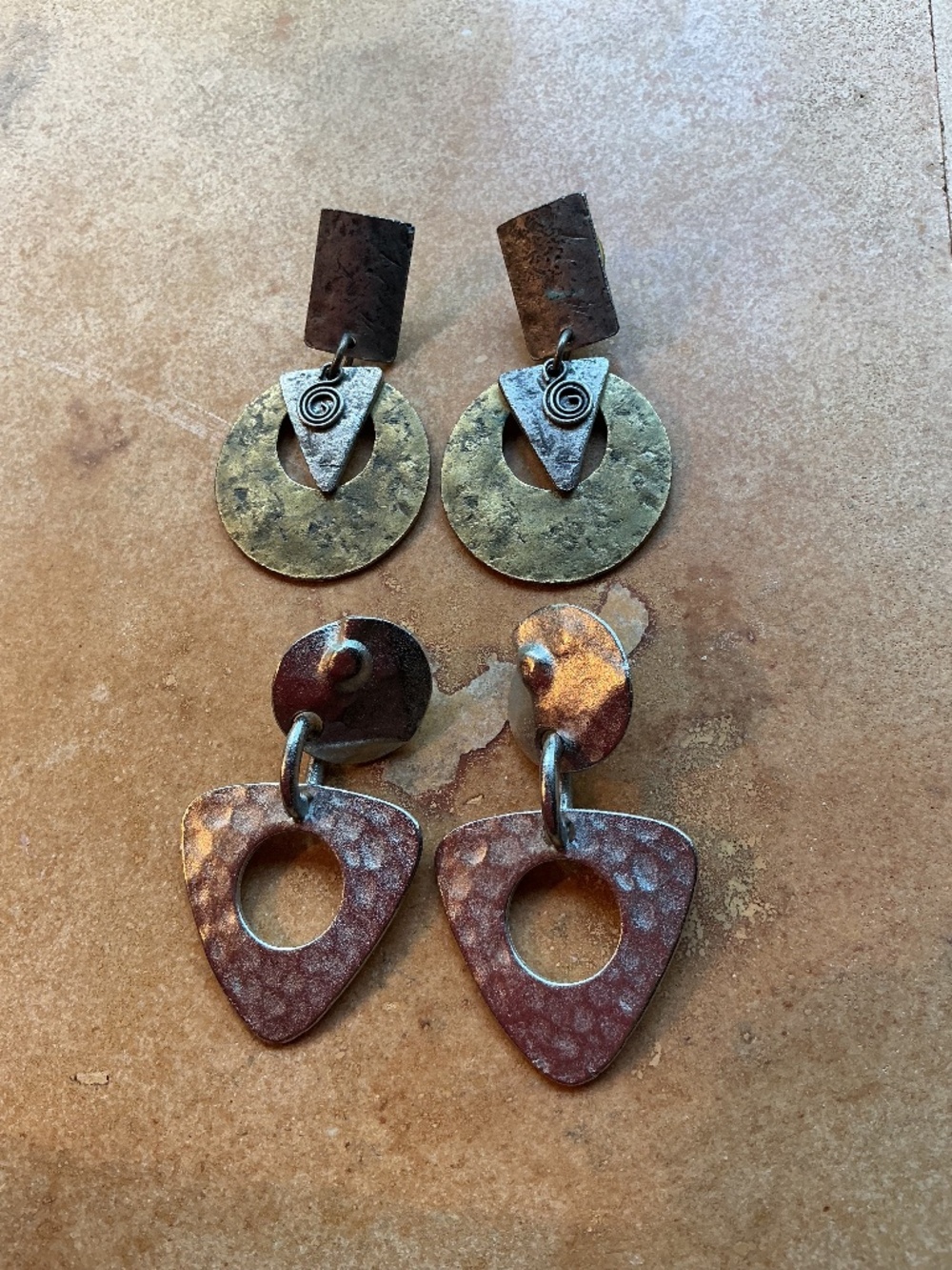 2 pairs modernist brutalist earrings. Mixed metal.  Hammered texture.